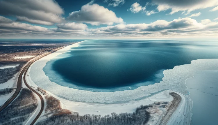 A panoramic view of one of the Great Lakes during winter, showing a noticeable lack of ice cover