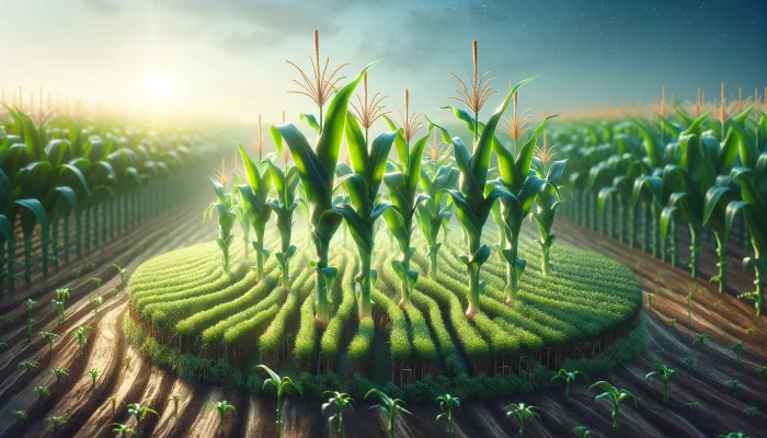 An image depicting a field of short-stature corn hybrids, highlighting the innovative agricultural development.